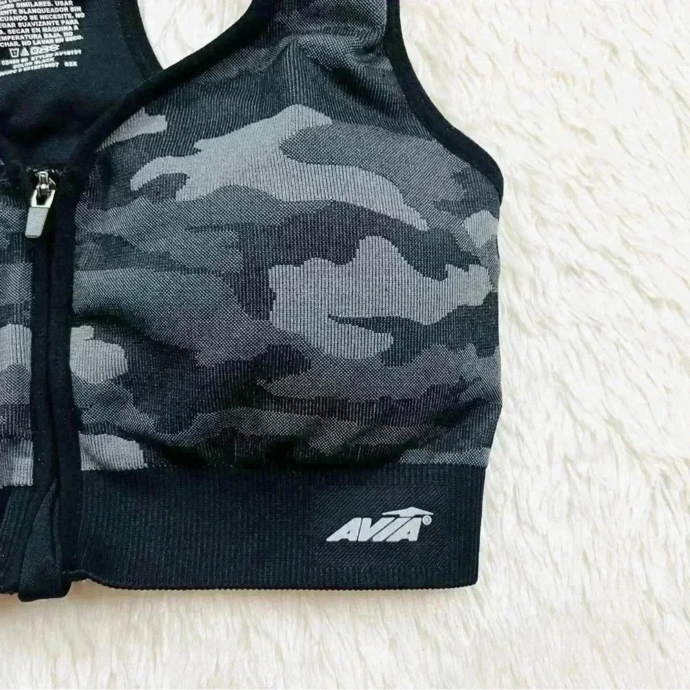 Avia Black & Gray Camouflage Support Zip Sports Bra Size M